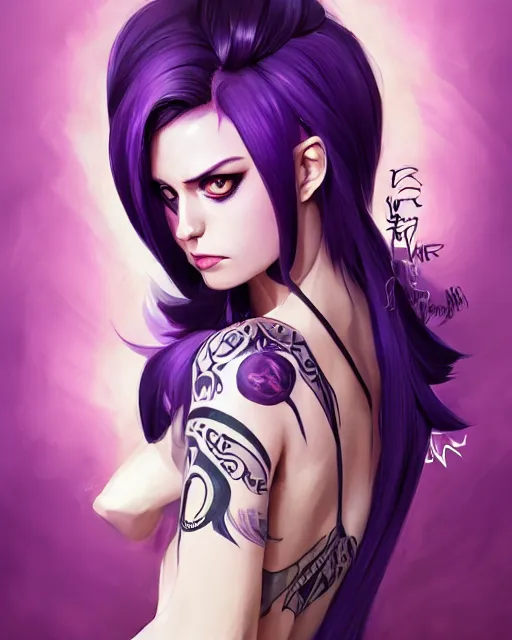 Image similar to beautiful female purple hair tattoo symmetrical face eyes full length fantasy art Video game icon, 2d game art cover , official fanart behance hd artstation by Jesper Ejsing, by RHADS, Makoto Shinkai and Lois van baarle, ilya kuvshinov, rossdraws