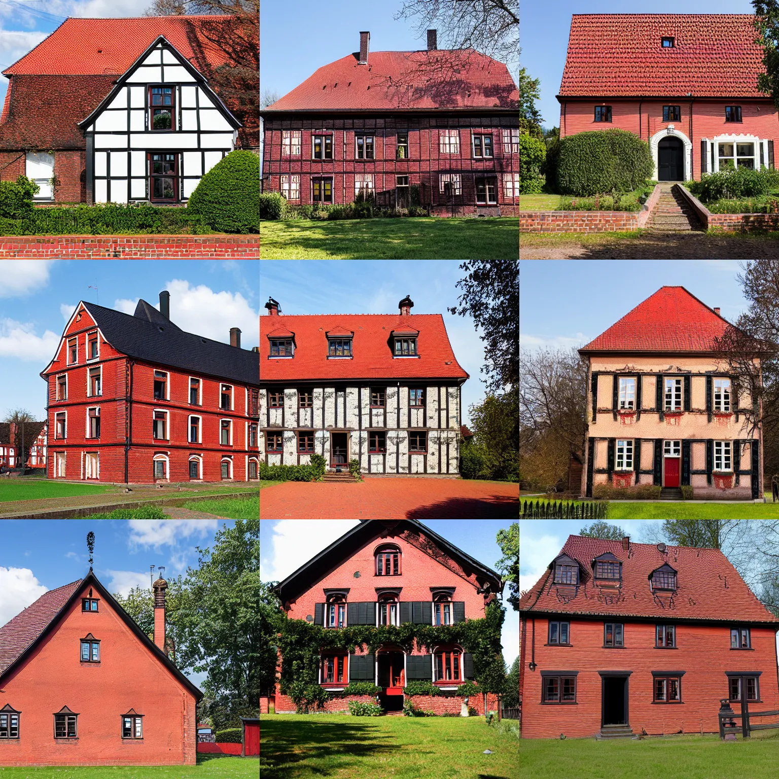 Prompt: 1 8 8 0 s big german farmhouse, red bricks, black roof, hannover, lower saxony