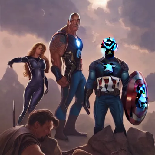 Image similar to A group photo of the Avengers but it's all Dwayne Johnson, western, cinematic shots, fantasy, intricate, elegant, highly detailed, digital painting, artstation, concept art, matte, sharp focus, illustration, art by Artgerm and Greg Rutkowski and Alphonse Mucha