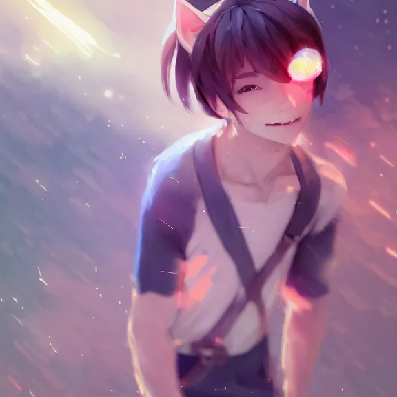 Image similar to boy with cat ears and tail, full body, blushing, happy, short smile, hair covering eyes, cinematic lightning, mid-shot, highly detailed, very very very beautiful, trending on Artstation, Unreal Engine 4k, watercolour, pastel, cinematic wallpaper by Stanley Artgerm Lau, WLOP, Rossdraws.