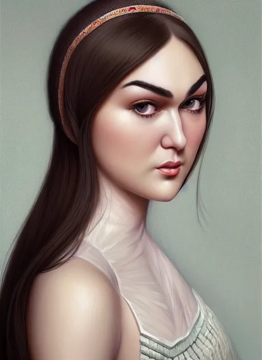 Image similar to beautiful sasha grey feminine face in ukrainian national clothes! portrait of young woman blessed by god with ever - increasing physical and mental perfection, beautiful hair, symmetrical! intricate, elegant, highly detailed, vision of holy perfection!! smile, digital painting, artstation, concept art, smooth, sharp focus, illustration, art by artgerm and greg rutkowski and alphonse mucha