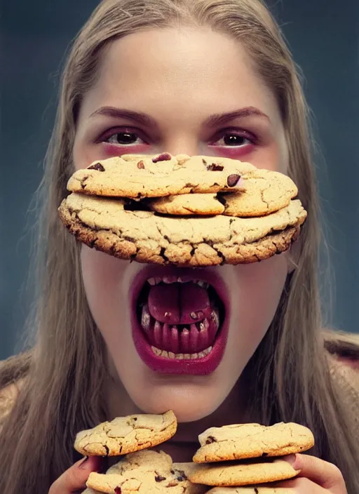 Image similar to closeup portrait of a female medieval goblin eating cookies, depth of field, zeiss lens, detailed, symmetrical, centered, fashion photoshoot, by Annie Leibovitz and Steve McCurry, David Lazar, Jimmy Nelsson, Breathtaking, 8k resolution, extremely detailed, beautiful, establishing shot, artistic, hyperrealistic, beautiful face, octane render