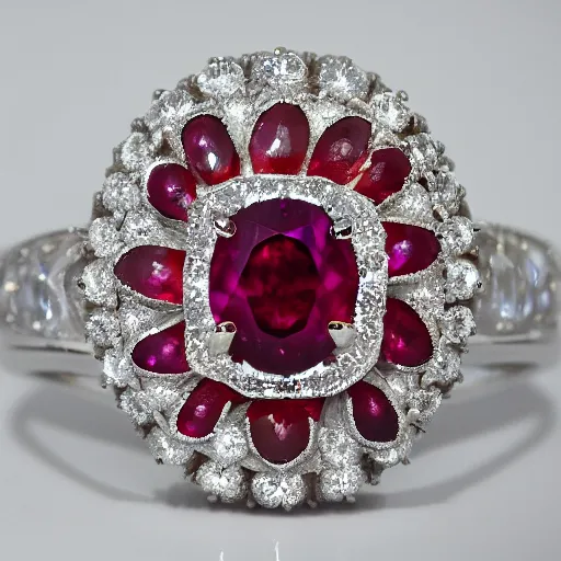 Prompt: stunning ring with 4 5 carat diamond, adorned with ruby, emerald, and massive sapphire, on wife finger