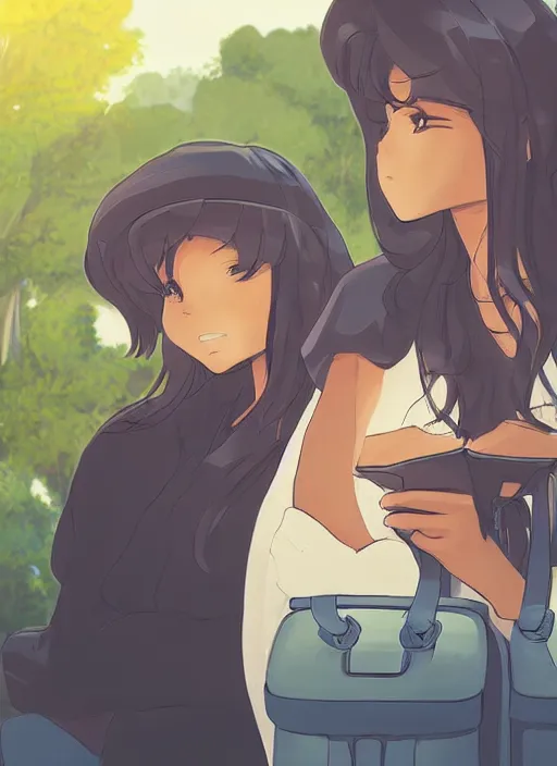 Prompt: two beautiful mothers waiting at a bus stop, gorgeous faces, smooth, thick lines, cinematic lighting, detailed anime art