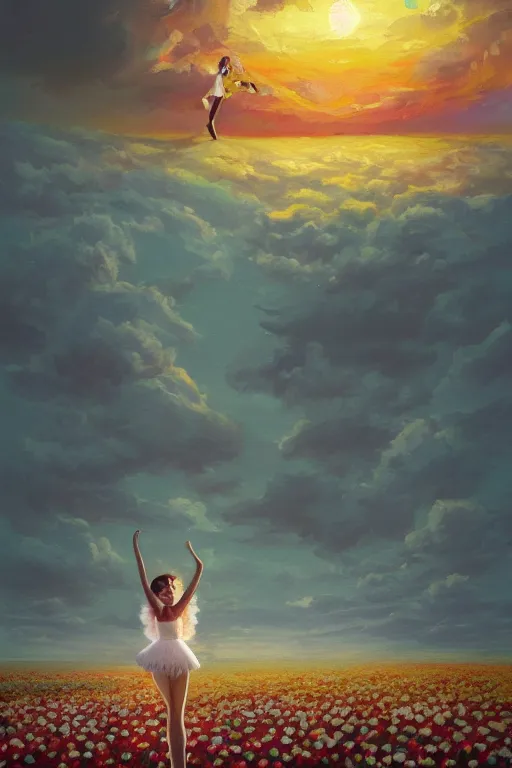 Image similar to giant white daisies flower as head, girl ballet dancing in a flower field, surreal photography, sunrise, dramatic light, impressionist painting, colorful clouds, digital painting, artstation, simon stalenhag