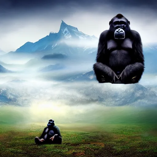 Prompt: a photo realistic gorilla doing transcendental meditation in a mystical landscape, beautiful, misty