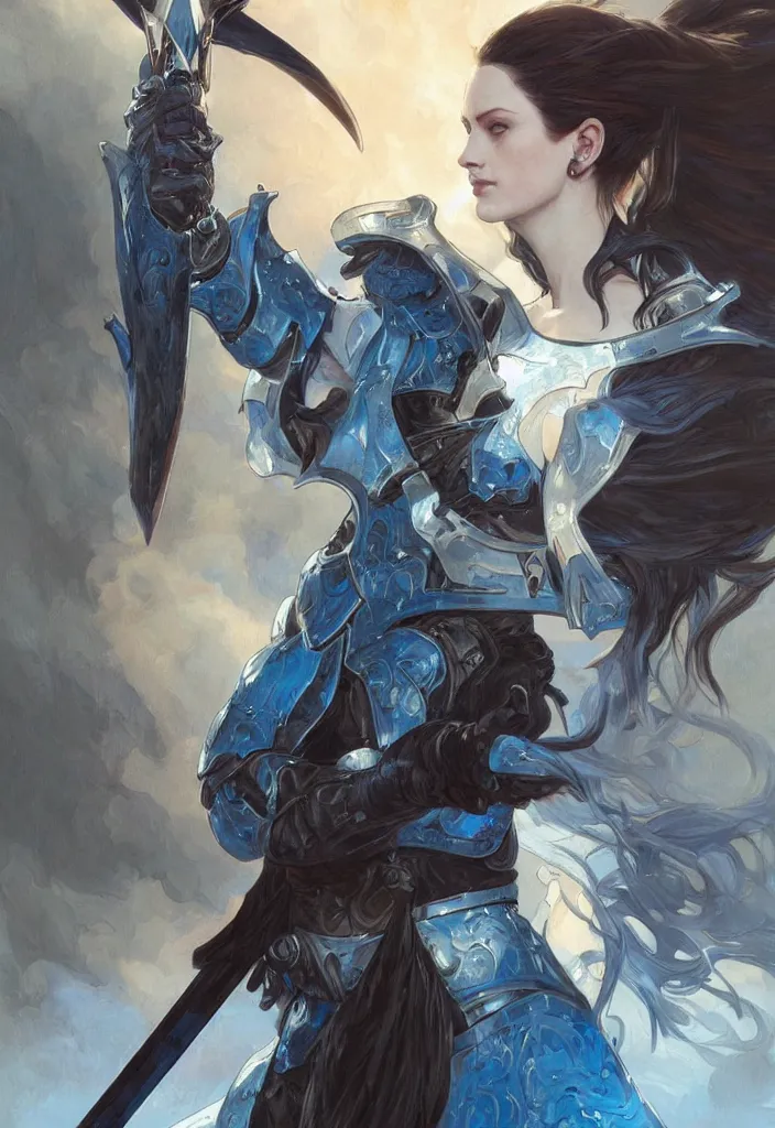 Image similar to woman dressed in plate armor with black hair and blue eyes wielding a greatsword, elegant, digital illustration, fire magic, detailed, intricate, sharp focus, digital painting, deep focus, digital painting, artstation, concept art, matte, art by artgerm and greg rutkowski and alphonse mucha