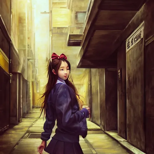 Image similar to a perfect, very detailed, realistic professional oil painting of a Japanese schoolgirl posing in a dystopian alleyway, style of Marvel, full length, by a professional American senior artist on ArtStation, a high-quality hollywood-style concept