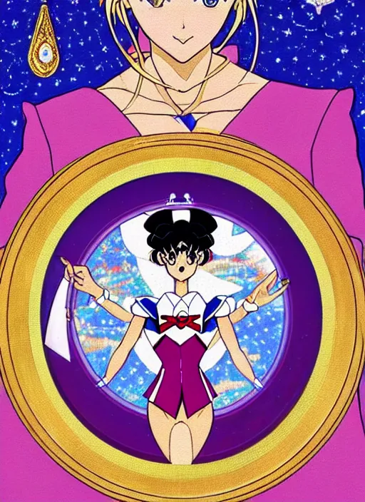 Prompt: perfectly centred portrait of sailor moon, looking in the mirror, in a business suit, futuristic, highly detailed, sharp focus, byzantine mosaic