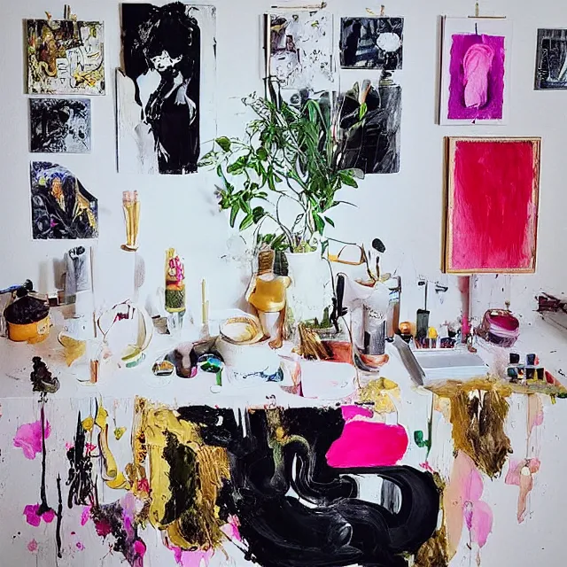 Prompt: “ a portrait in a female art student ’ s apartment, sensual, a golden doodle theme, art supplies, paint tubes, ikebana, herbs, a candle dripping white wax, black walls, squashed berries, berry juice drips, acrylic and spray paint and oilstick on canvas, surrealism, neoexpressionism ”