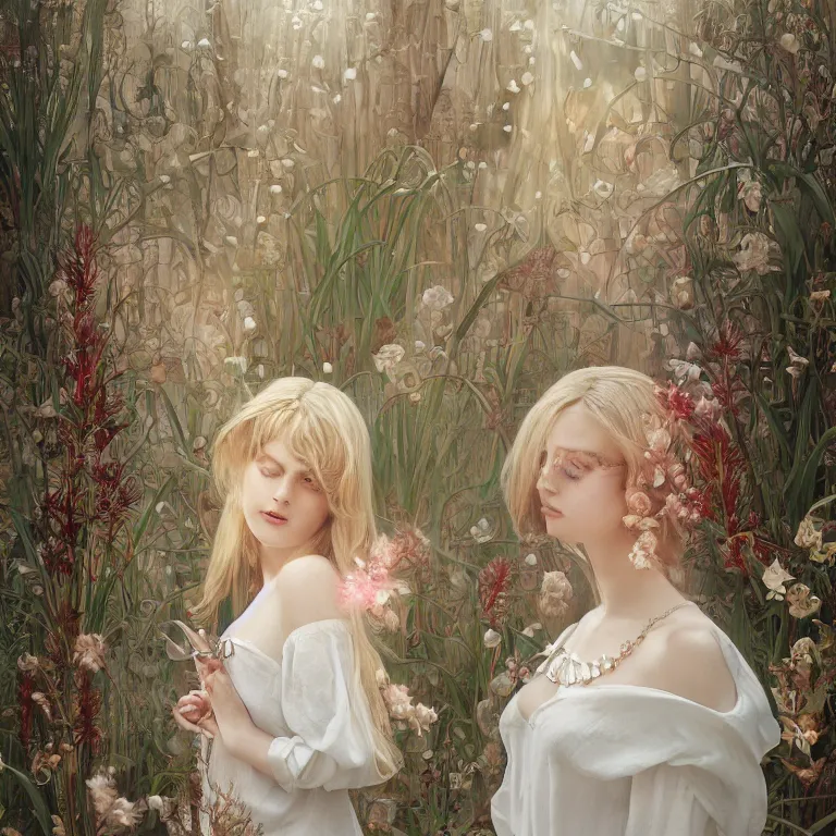 Image similar to a blonde girl in white dress in beautiful window, necklace with a fruit seed ornament, ocean eyes, light freckles, incense smoke and flowers in the background, portrait, mucha, conceptart, medium shot, unreal, octane, symmetrical, photorealism.