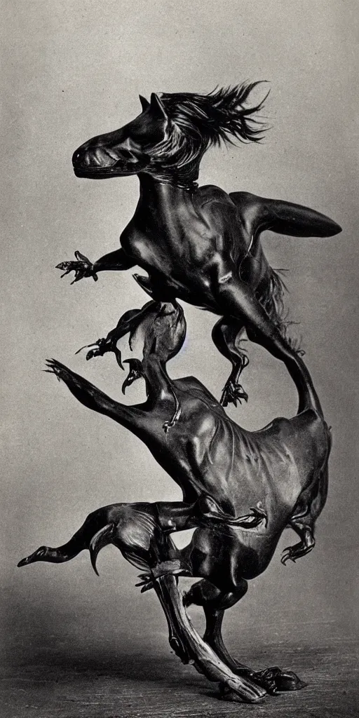 Prompt: t rex and a horse with high heels, movement, metal, black and white, photograph, 1 8 5 0 s