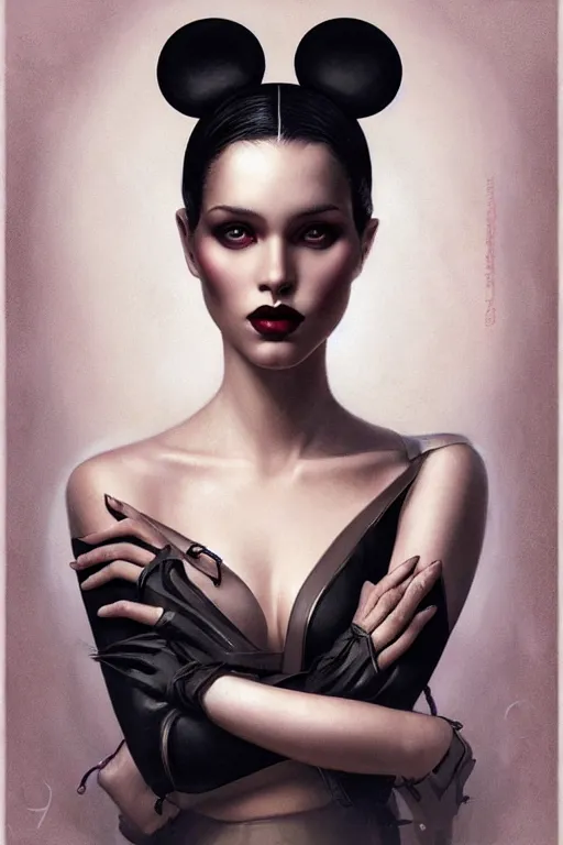 Prompt: black queen in the shape of mickey mouse, face symmetry, beautiful pose, by tom bagshaw