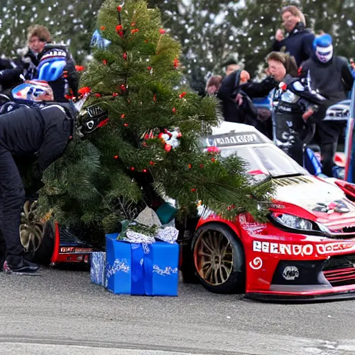 Prompt: Petter Solberg after he crashed into the christmas tree