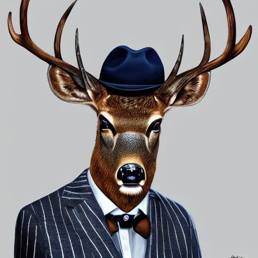 Image similar to a upper body portrait of a deer in a pinstriped suit and pants wearing a fedora with the antlers sticking out of the fedora by artgerm and wlop, intricate detail, digital art, photorealistic, trending on artstation