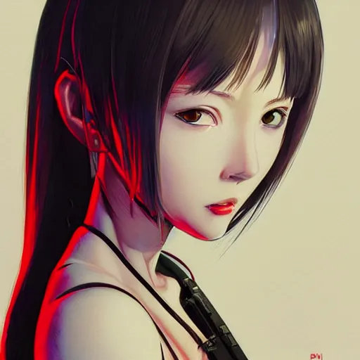 Image similar to A cyborg girl with big and cute eyes, fine-face, realistic shaded perfect face, fine details. red, black and white robotic parts. Very Anime.realistic shaded lighting poster by Ilya Kuvshinov katsuhiro otomo ghost-in-the-shell, magali villeneuve, artgerm, Jeremy Lipkin and Michael Garmash, Rob Rey and Kentarõ Miura style, trending on art station