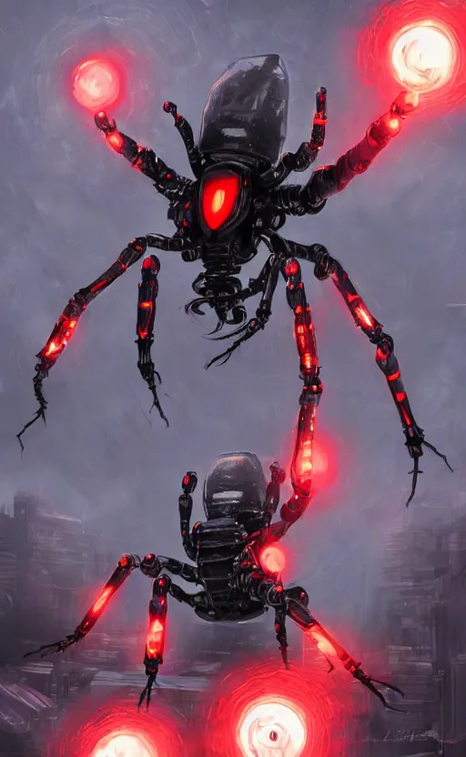 Image similar to a robot humanoid spider in a city, with 4 arms with claws, glowing red eyes, in a black carbon and red fiber armor, smiling creepily, dynamic lighting, photorealistic fantasy concept art, trending on art station, stunning visuals, creative, cinematic, ultra detailed