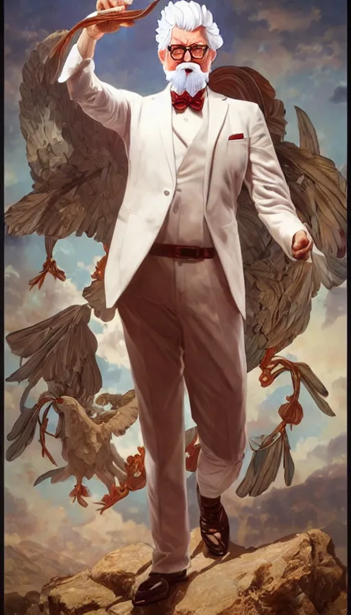 Prompt: a full body portrait of colonel sanders the greek god!! extremely beautiful, anatomically accurate, by artgerm and by greg rutkowski and by alphonse mucha and by simon bisley, radiant light, detailed and intricate environment,