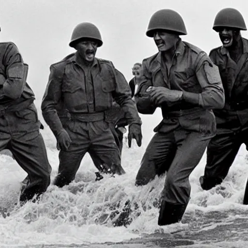 Image similar to sylvester stallone is storming the beach on D-Day, black and white historical photograph