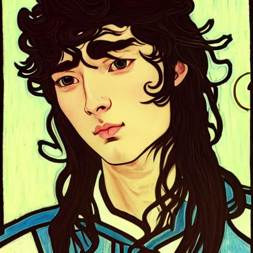 Image similar to painting of young handsome beautiful paladin elf!! man with long! wavy dark hair in his 2 0 s named taehyung minjun at the blueberry party, wearing armor!, long hair, elf ears, elegant, clear, painting, stylized, delicate, soft facial features, art, art by alphonse mucha, vincent van gogh, egon schiele,