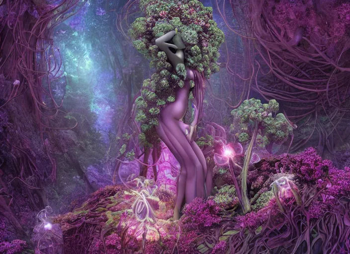 Image similar to glowing delicate flower and mushrooms that grow in a dark fatansy forest on the planet Pandora, an idealistic marble statue with fractal flowery hair in a fractal garden,