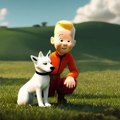 Prompt: tintin and his white fox terrier, depicted as a pixar character, high quality cg render, 8 k