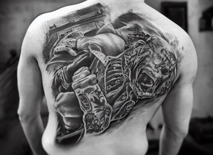 Image similar to photorealistic professional fine details black and white photo portrait of detailed russian prison tattoo, russian criminal tattoo, nakolki, русская тюремная татуировка, sergei vasiliev