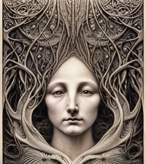 Image similar to detailed realistic beautiful winter goddess face portrait by jean delville, gustave dore, iris van herpen and marco mazzoni, art forms of nature by ernst haeckel, art nouveau, symbolist, visionary, gothic, neo - gothic, pre - raphaelite, fractal lace, intricate alien botanicals, ai biodiversity, surreality, hyperdetailed ultrasharp octane render