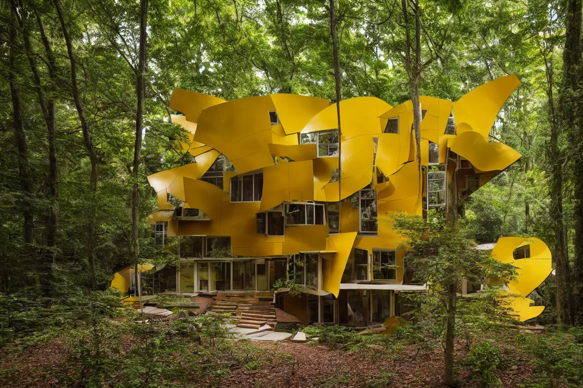 Image similar to a mid century modern house in a forest, designed by Frank Gehry. Big Tiles . Film grain, cinematic, yellow hue