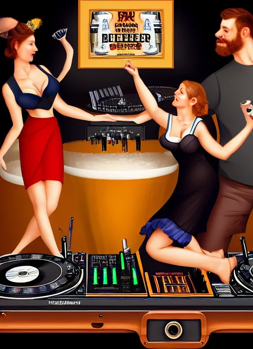 Image similar to image of large pint of beer and large technics dj table front of picture, in the backround man and a woman very drunk and dancing from octoberfest, dark backround, highly detailed, digital illustration, trending in artstation, modern painting, smooth, sharp focus, intricate, einar jonsson and bouguereau