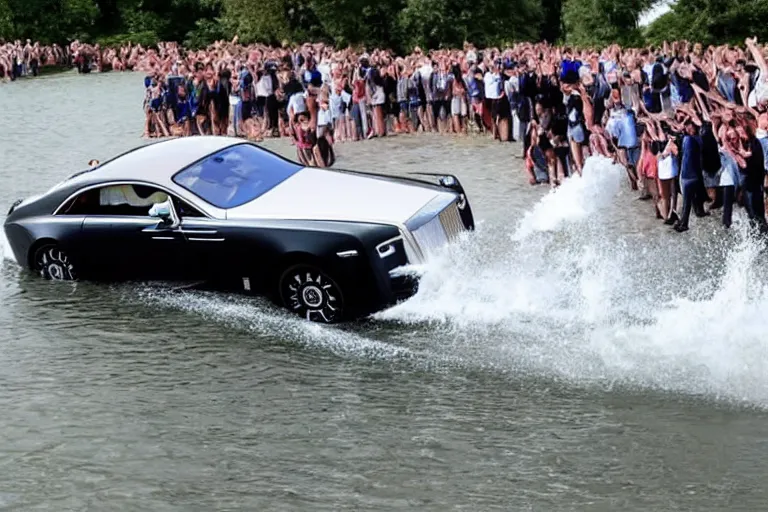 Image similar to Group of teenagers push Rolls-Royce into lake from small slide