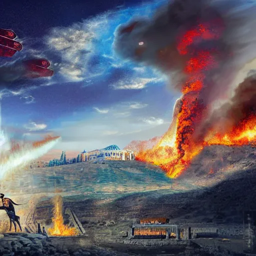 Image similar to digital art depiction of angry, strong, charismatic Cyrus the Great defeating fat, sad, weak Elon Musk at the battle for Athens, with the Acropolis of Athens burning on the background, trending on Artstation