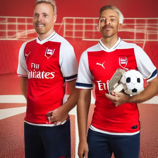 Image similar to a promo portrait of hot dogs in arsenal soccer jerseys playing football, happy,