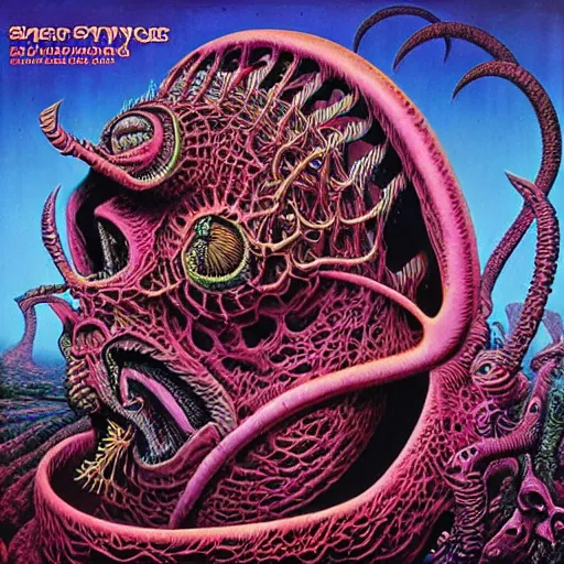 Image similar to stoner metal album cover in the style of wayne barlowe and kenny scharf and philippe druillet, realistic, insanely detailed, intricate, smooth, airbrush, play-doh