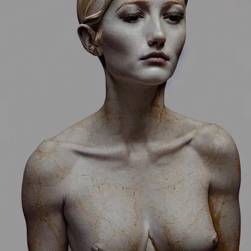 Image similar to a statue made of white marble with gold veins, of an beautiful gorgeous angel girl, full body shot, perfect symmetrical body, perfect symmetrical face, no eyes, hyper realistic, hyper detailed, fujicolor superia 1 6 0 0 photo, by peter kemp, by monia merlo, by michelangelo octane render, blender, 8 k