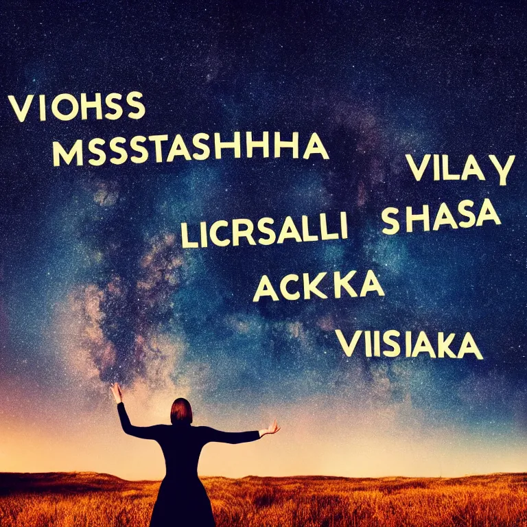 Prompt: album cover with text kosmichna vystava, a beautiful landscape of a starry sky with an beautiful woman waving to the horizon, cinematic, dramatic, color grading, photojournalism, colorful, highly detailed