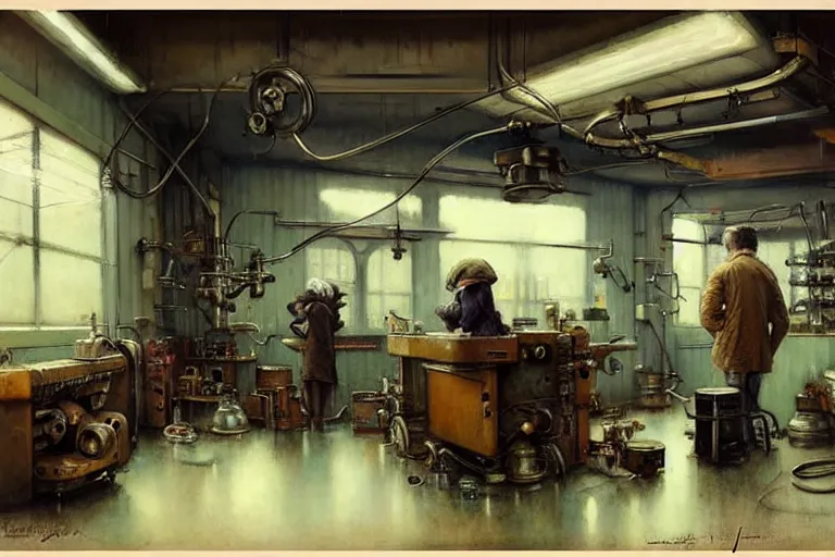 Image similar to ( ( ( ( ( 1 9 5 0 s retro science fiction mechanics shop interior scene. muted colors. ) ) ) ) ) by jean - baptiste monge!!!!!!!!!!!!!!!!!!!!!!!!!!!!!!