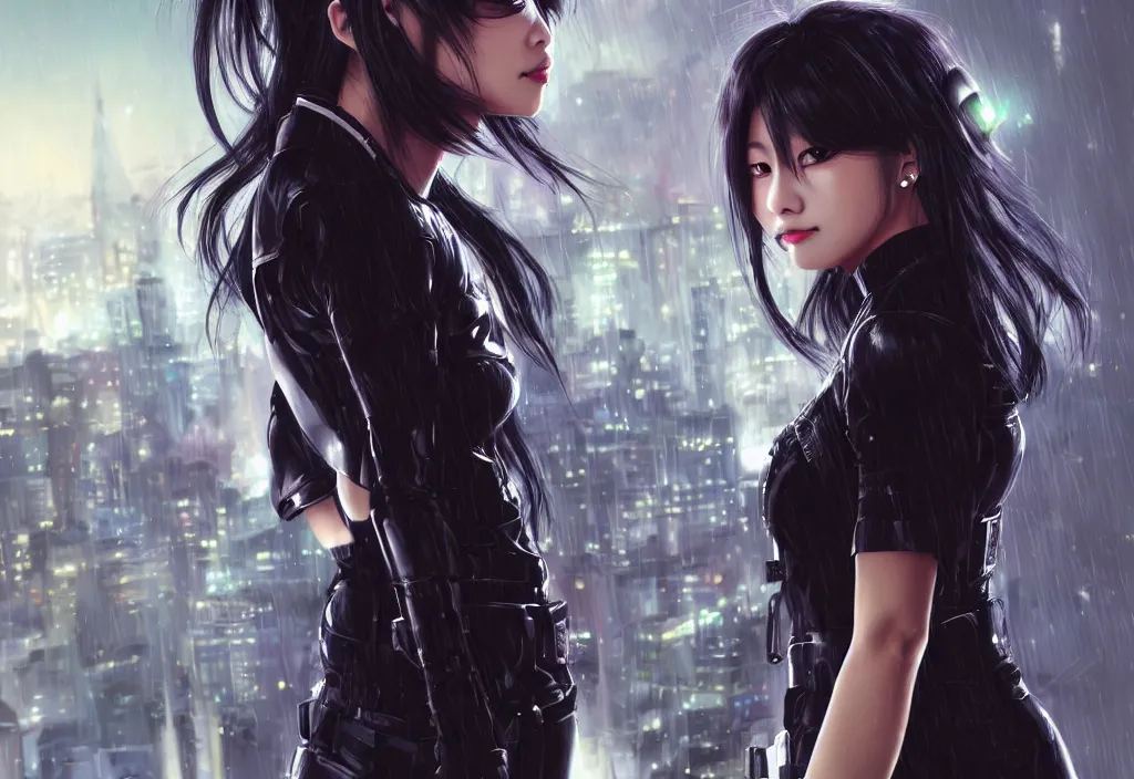 Prompt: portrait tzuyu from twice + black hair of futuristic female police, black armored uniform, at rooftop futuristic colorpunk tokyo rainy night, ssci - fi and fantasy, intricate and very very very beautiful, highly detailed, digital painting, artstation, concept art, smooth and sharp focus, illustration, art by tian zi and wlop and alphonse mucha