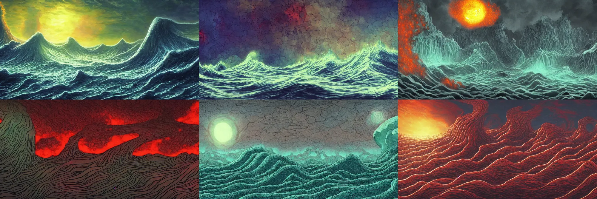 Image similar to desktop background inspired in H P Lovecraft novels, magma waves, highly detailed, realistic, fantastic