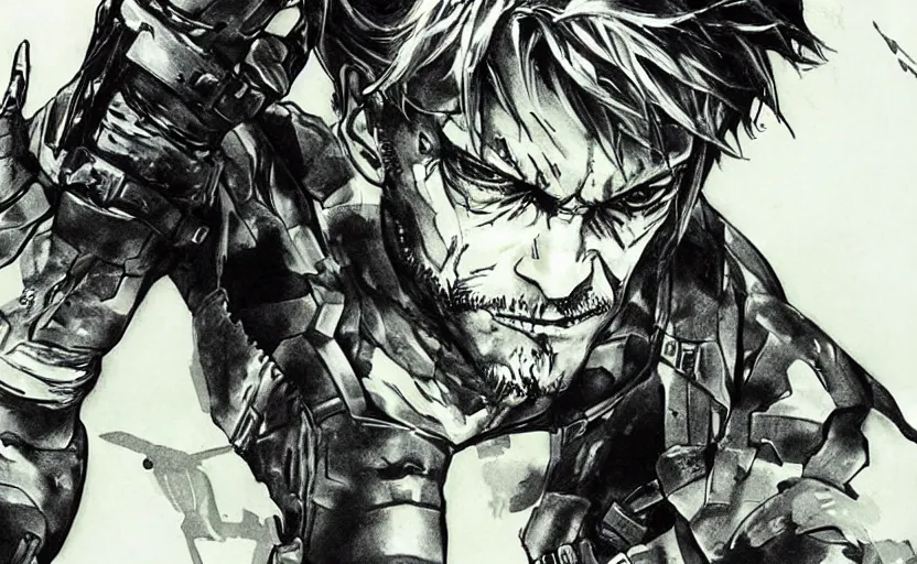 Image similar to yoji shinkawa drawing of gollum as solid snake, metal gear solid