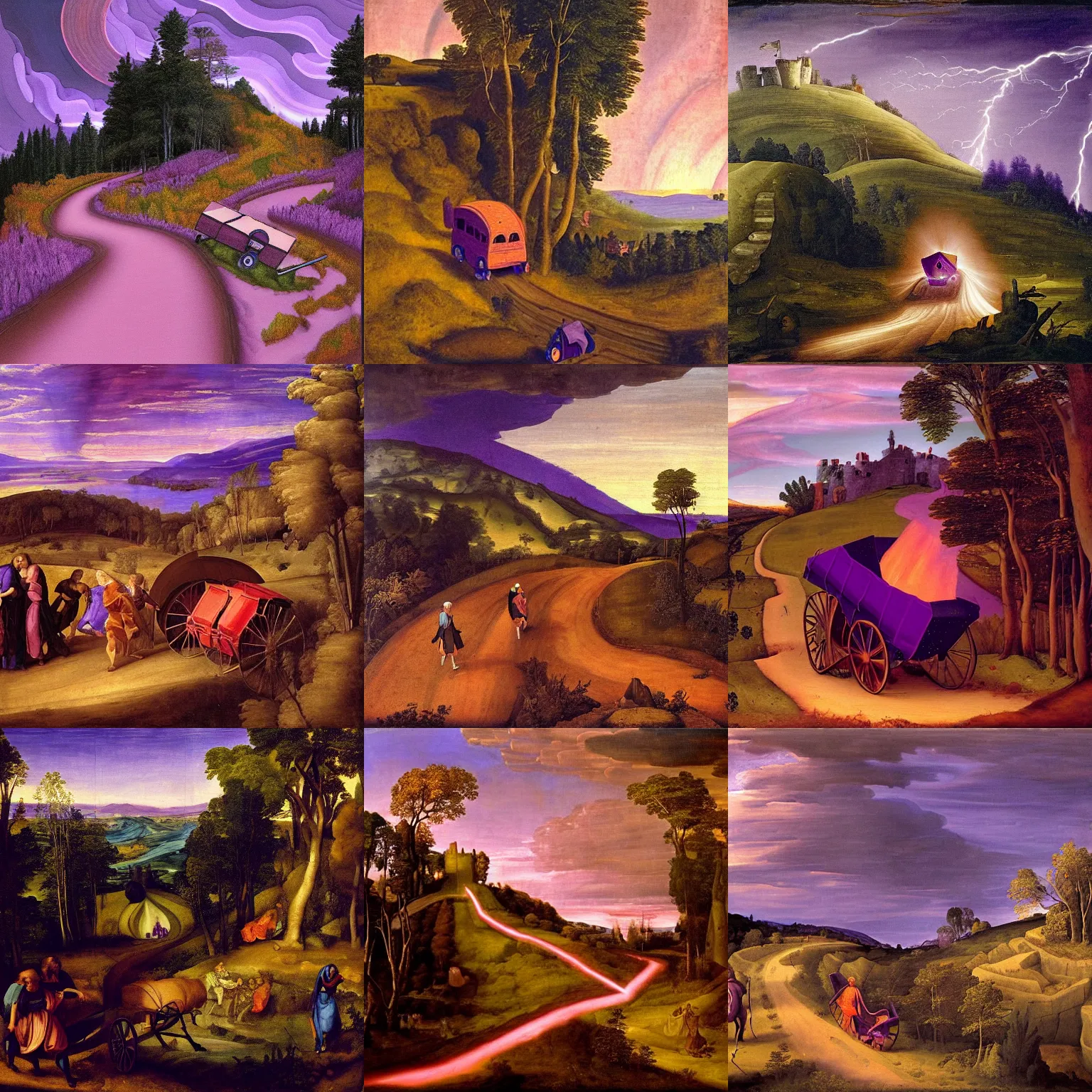 Prompt: renaissance painting of a dark purple steep and zig - zag path with a glowing wagon. a violet evil fantasy castle over a high dark blue hill at night. orange to pink gradient sky and thunderstorm background. forest underneath. glowing wagon on the path