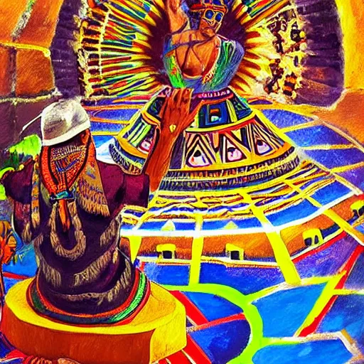 Image similar to DMT Aztec Priest performing a ritual at the top of a Aztec temple. Artwork by Afremov, Leonid