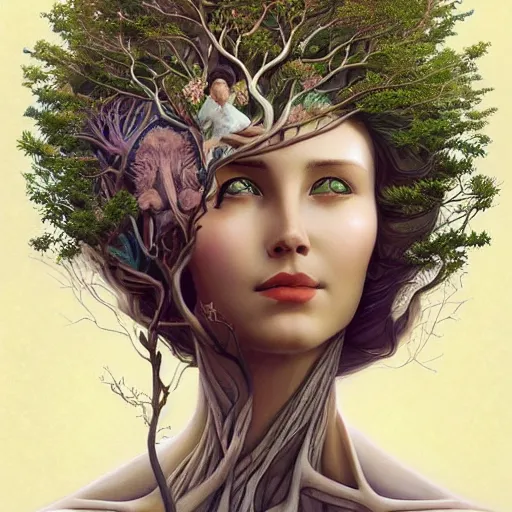 Prompt: A women with a tree growing out of the top of the head art deco design by Mandy Jurgens and Warhol Ernst Haeckel James Jean artstation concept art
