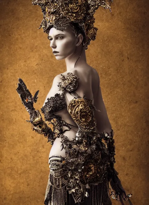 Prompt: a portrait of female model by stefan geselle and nekro borja, photorealistic, intricate details, hyper realistic, fantasy, elegant, ornate metal gold headpiece, photorealistic, canon r 3, photography, wide shot, symmetrical features, wide angle shot, head to toe, standing pose, feet on the ground, studio background