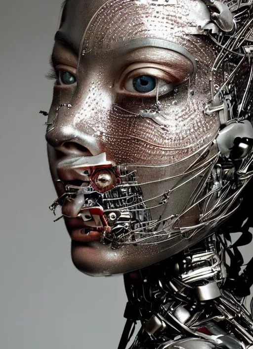 Prompt: close - up portrait of beautiful young cybernetic woman, body metal skin, human face, cyborg, art by tim walker