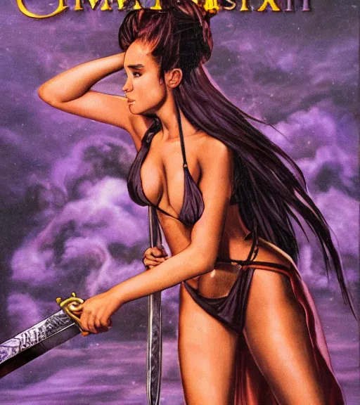 Image similar to 1 9 8 0 s fantasy novel book cover, amazonian ariana grande in extremely tight bikini armor wielding a cartoonishly large sword, exaggerated body features, dark and smoky background, low quality print