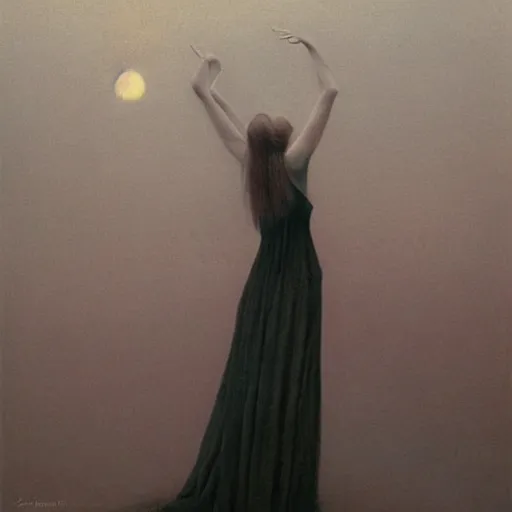 Prompt: a woman in a dress posing, feeling of surrender, by Zdzislaw Beksinski and Marat Safin