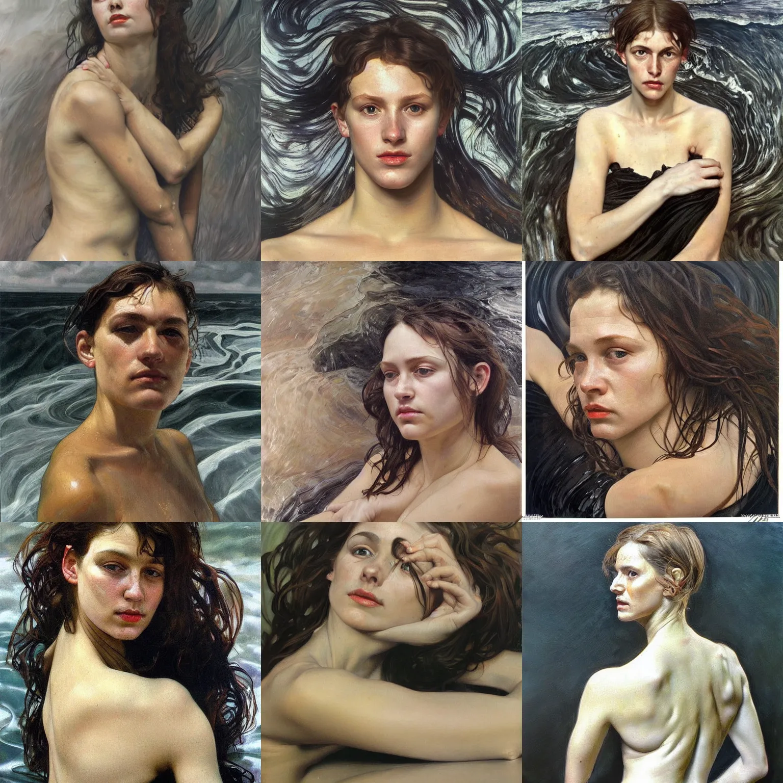 Prompt: hyperrealist painting portrait half body shoulder submerge in a black waves, wet by lucian freud and alphonse mucha,, very detailed faces