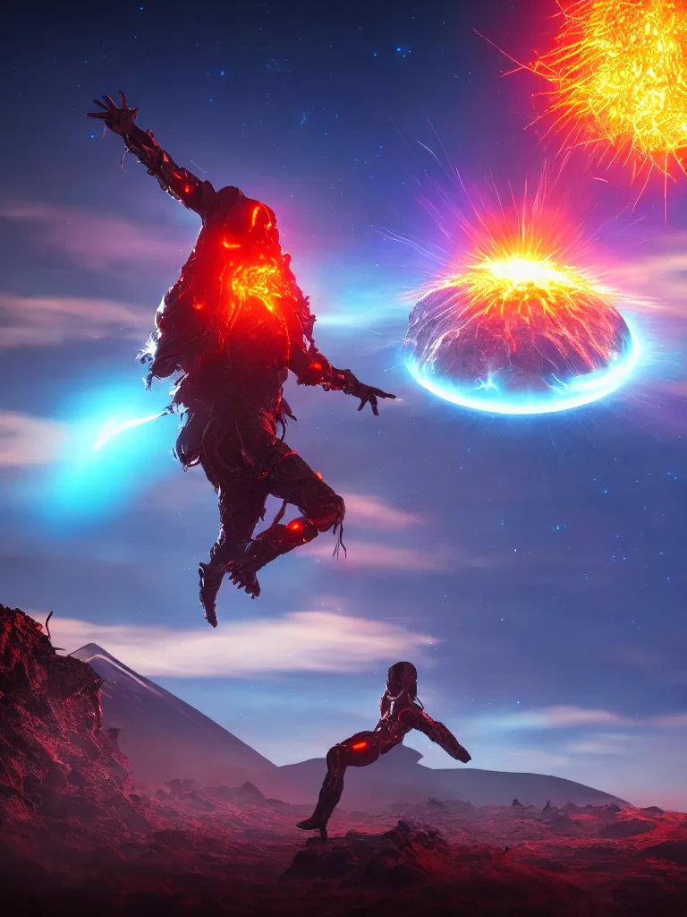 Image similar to levitating cybertronic wizard, opening a shining portal, night sky, horizon of an erupting volcano, 4 k, ultra realistic, detailed, epic lighting, high detail, masterpiece, trending on artstation