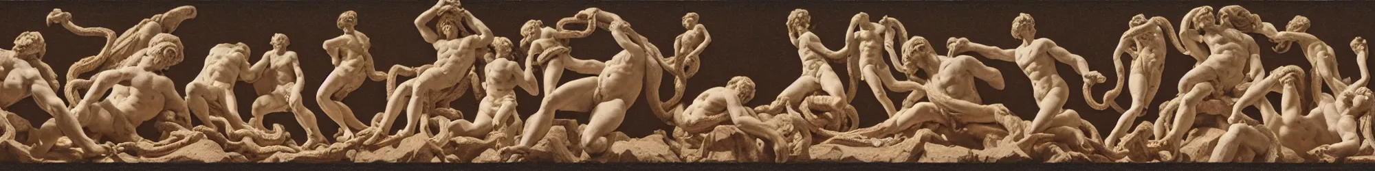 Prompt: long line-up of laocoon and his sons struggling with serpents, intertwined full body view, colorized postcard photography, white background